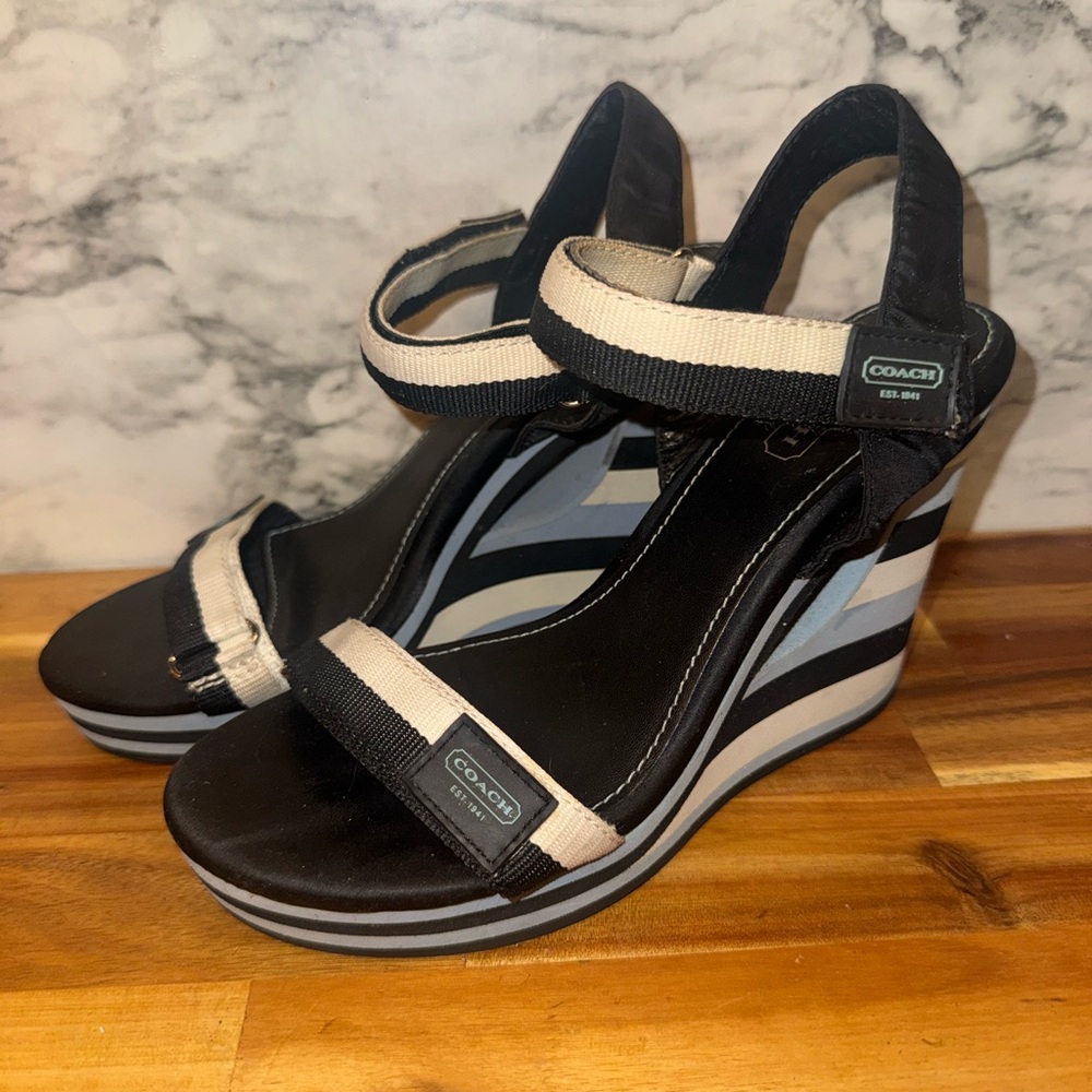 Coach Black and Cream Striped Wedge Sandals with Ankle Straps